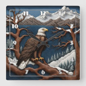 雪威厳のある山を見下ろすワシ スクエア壁時計 (正面)