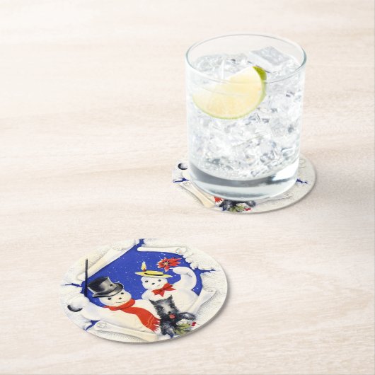 雪家族および犬のクリスマス ラウンドペーパーコースター (インサイチュ)