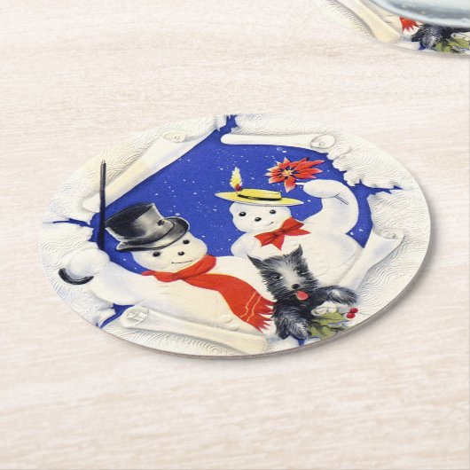 雪家族および犬のクリスマス ラウンドペーパーコースター (アングル)