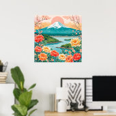 🏔️ 雪山と穏やかな湖と花の景色 ポスター (ホームオフィス)