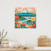 🏔️ 雪山と穏やかな湖と花の景色 ポスター (キッチン)