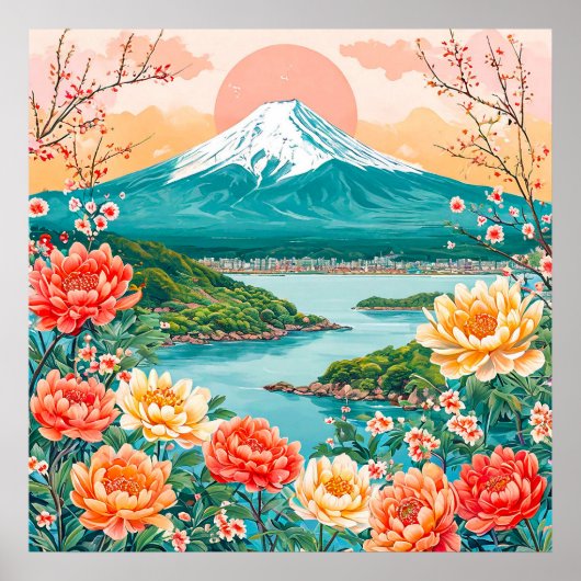 🏔️ 雪山と穏やかな湖と花の景色 ポスター (正面)