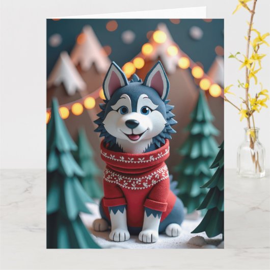 雪山のクリスマシーンに佇むふわふわのハスキー カード (黄色い花)