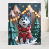 雪山のクリスマシーンに佇むふわふわのハスキー カード (正面)