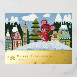 雪山のネズミのホリデー ポストカードC 箔シーズンポストカード