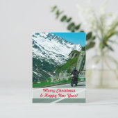 雪山のバイク乗りクリスマス ポストカード (スタンド正面)