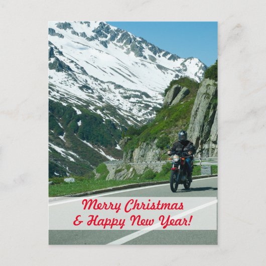 雪山のバイク乗りクリスマス ポストカード (正面)