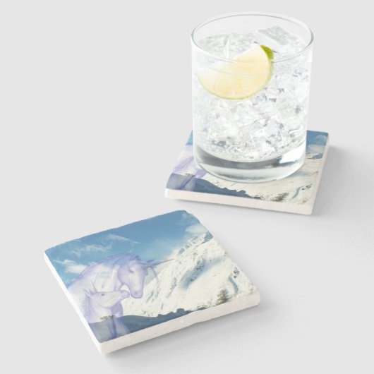 雪山のユニコーン 静謐な風景 ストーンコースター (横)