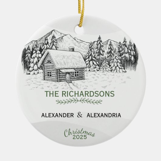 雪山の冬のログキャビン セラミックオーナメント (正面)