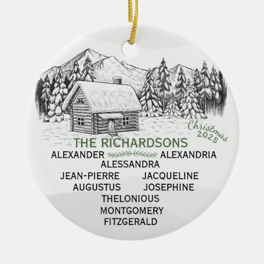 雪山の冬のログキャビンX10 セラミックオーナメント (正面)