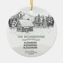 雪山の冬のログキャビンX 3 セラミックオーナメント