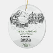 雪山の冬のログキャビンX 3 セラミックオーナメント (左)