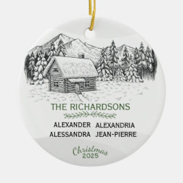 雪山の冬のログキャビンX 4 セラミックオーナメント
