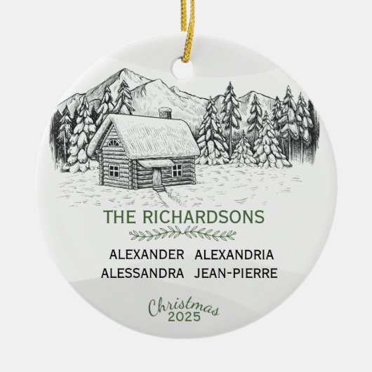 雪山の冬のログキャビンX 4 セラミックオーナメント (正面)