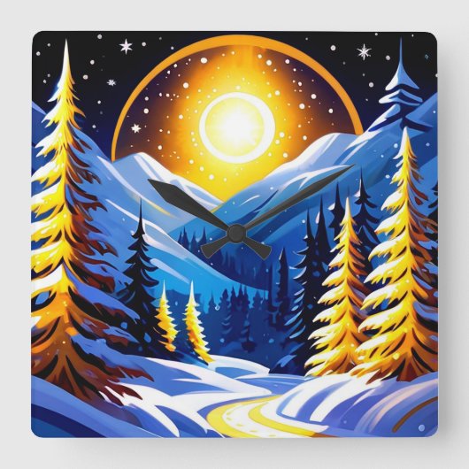 雪山の冬の夜の風景 スクエア壁時計 (正面)