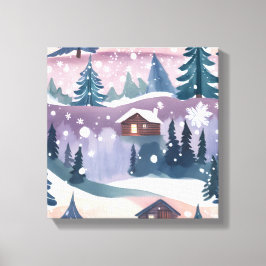 雪山の小屋 水彩画 キャンバスプリント