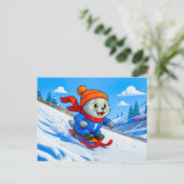 雪山の斜面をそりすべりするアザラシ ポストカード (スタンド正面)