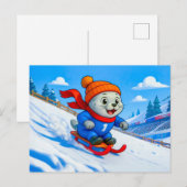 雪山の斜面をそりすべりするアザラシ ポストカード (正面/裏面)