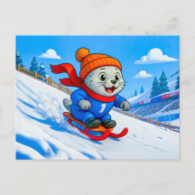 雪山の斜面をそりすべりするアザラシ