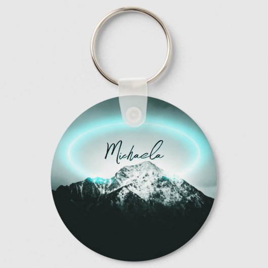 雪山の神秘的な青いネオンライトモノグラム キーホルダー (正面)