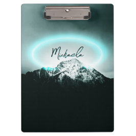 雪山の神秘的な青いネオンライトモノグラム クリップボード