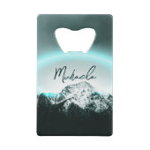 雪山の神秘的な青いネオンライトモノグラム クレジットカード栓抜き (裏面)