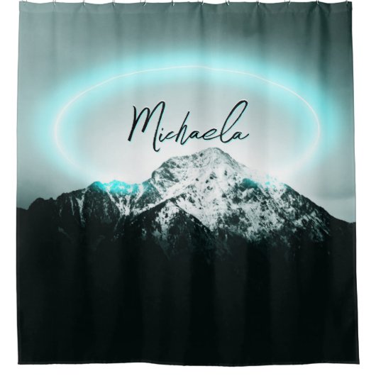 雪山の神秘的な青いネオンライトモノグラム シャワーカーテン (正面)
