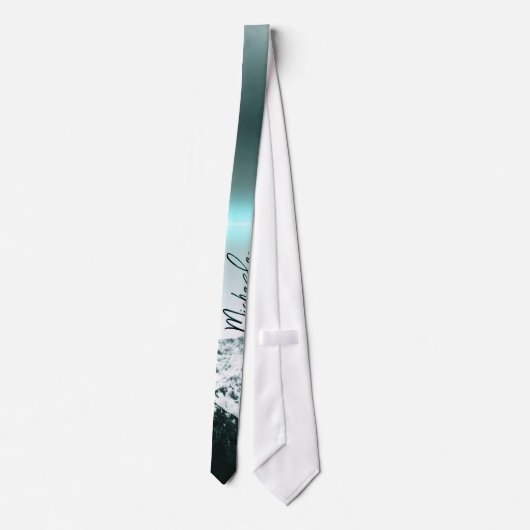 雪山の神秘的な青いネオンライトモノグラム ネクタイ (裏面)