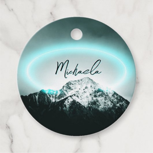 雪山の神秘的な青いネオンライトモノグラム フェイバータグ (正面)