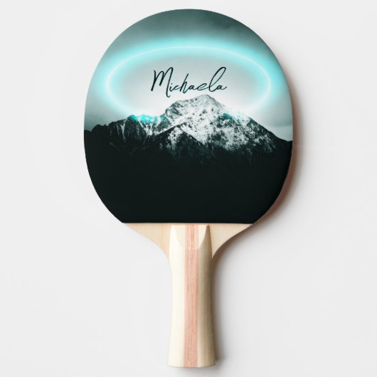 雪山の神秘的な青いネオンライトモノグラム 卓球ラケット (正面)