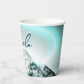 雪山の神秘的な青いネオンライトモノグラム 紙コップ (裏面)