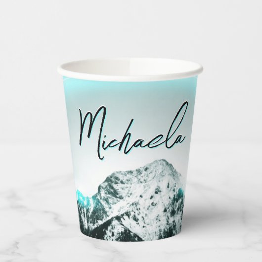 雪山の神秘的な青いネオンライトモノグラム 紙コップ (左)