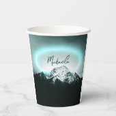 雪山の神秘的な青いネオンライトモノグラム 紙コップ (裏面)