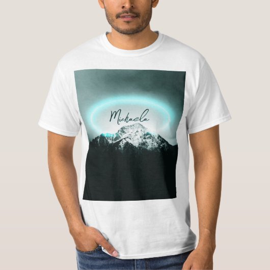 雪山の神秘的な青いネオンライトモノグラム Tシャツ (正面)