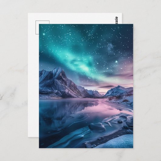 雪山の風景を越えたオーロラボレリス ポストカード (正面/裏面)