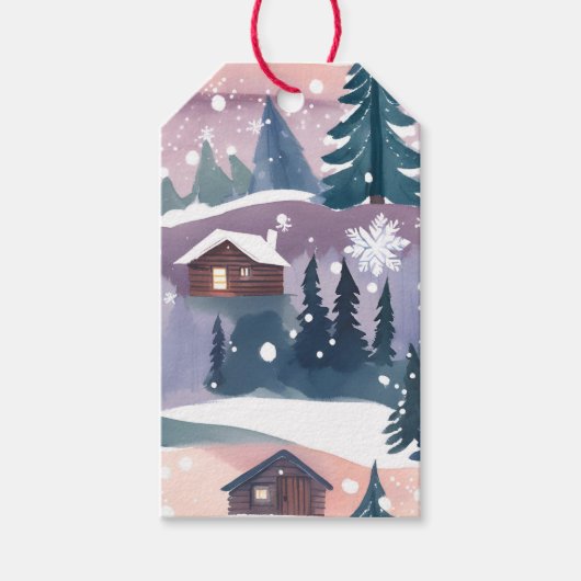 雪山キャビン水彩画 ギフトタグ (正面)