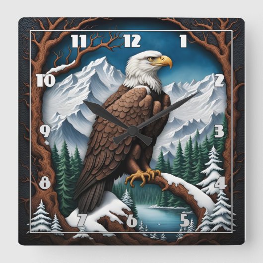 雪山威厳のある湖の上にハゲのワシ スクエア壁時計 (正面)