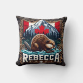 雪山、ビーバー、カナダ国旗 クッション (正面)