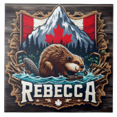 雪山、ビーバー、カナダ国旗 タイル (正面)