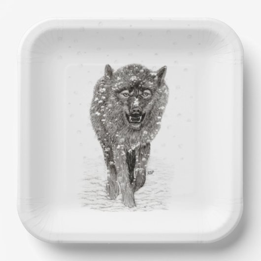 雪怒に黒い狼、野生の冬 ペーパープレート (正面)