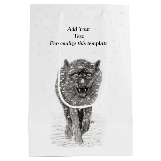 雪怒に黒い狼、野生の冬 ミディアムペーパーバッグ (裏面)