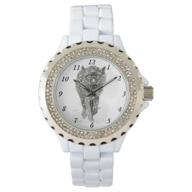 雪怒に黒い狼、野生の冬 腕時計 (正面)