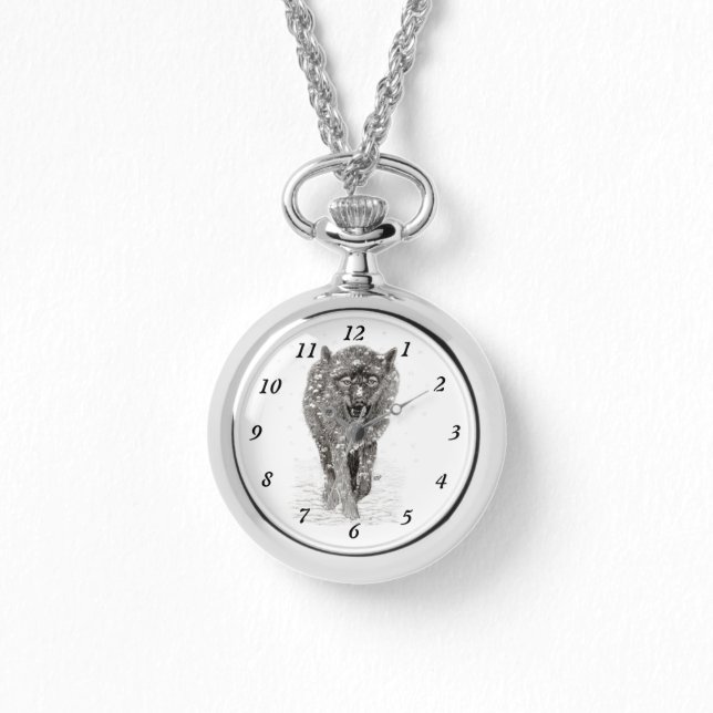 雪怒に黒い狼、野生の冬 腕時計 (正面)