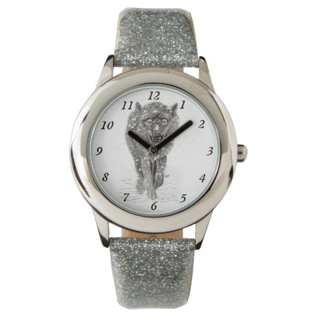 雪怒に黒い狼、野生の冬 腕時計 (正面)