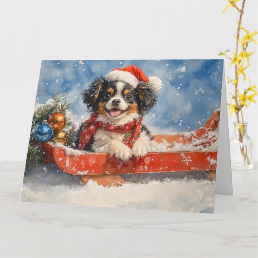 雪日本ののクリスマスを許すそりの顎の犬 カード (黄色い花)