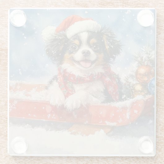 雪日本ののクリスマスを許すそりの顎の犬 ガラスコースター (裏面)