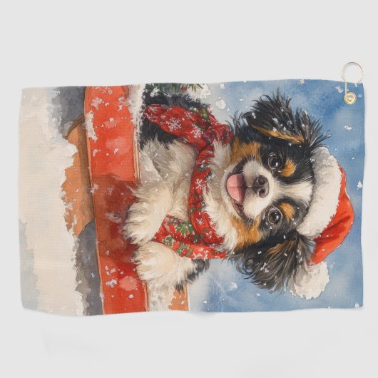 雪日本ののクリスマスを許すそりの顎の犬 ゴルフタオル (横)
