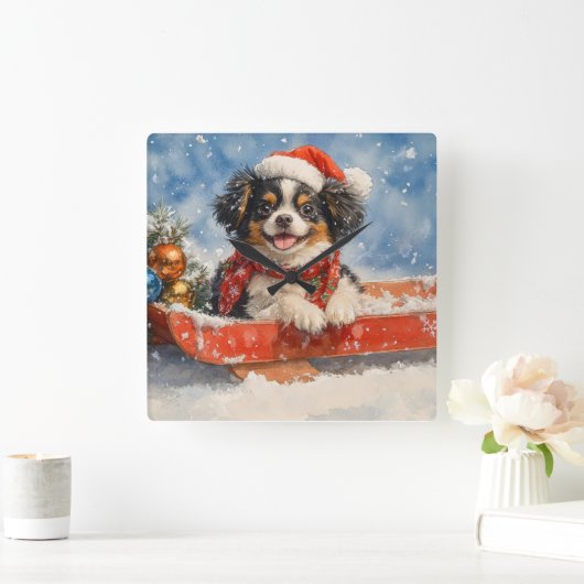 雪日本ののクリスマスを許すそりの顎の犬 スクエア壁時計 (ホーム)