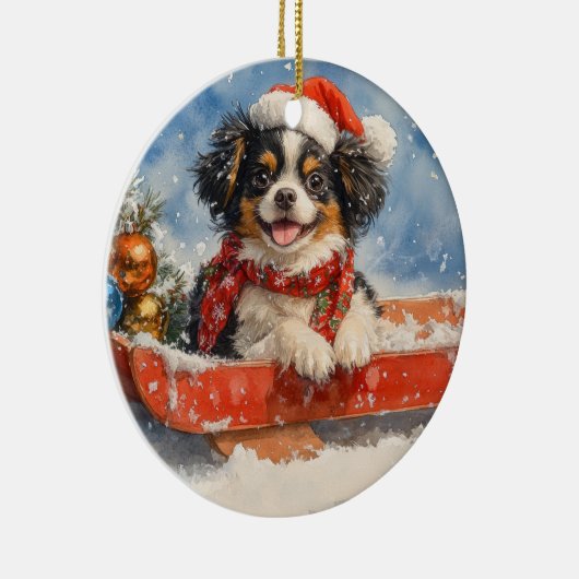 雪日本ののクリスマスを許すそりの顎の犬 セラミックオーナメント (右)