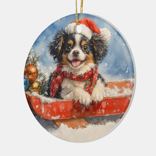 雪日本ののクリスマスを許すそりの顎の犬 セラミックオーナメント (左)